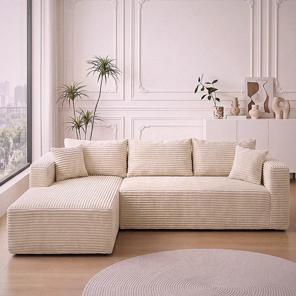 105" L-Shape Sectional Sofa with Chaise, Beige Corduroy Pillow Back