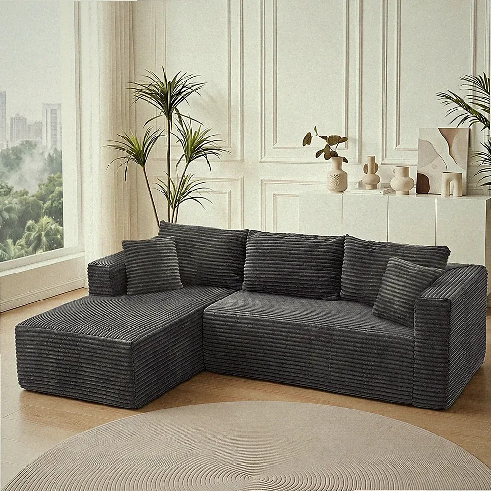 105" L-Shape Sectional Sofa with Chaise, Grey Corduroy, Pillow Back