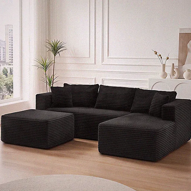 105" L-Shape Sectional Sofa with Chaise & Ottoman, Cloud Couch, Black
