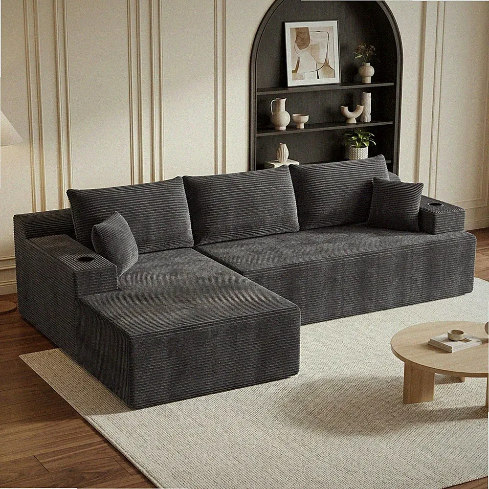 105" L-Shaped Modular Cloud Sectional Couch w/ Cup Holders Deep Seat Corduroy