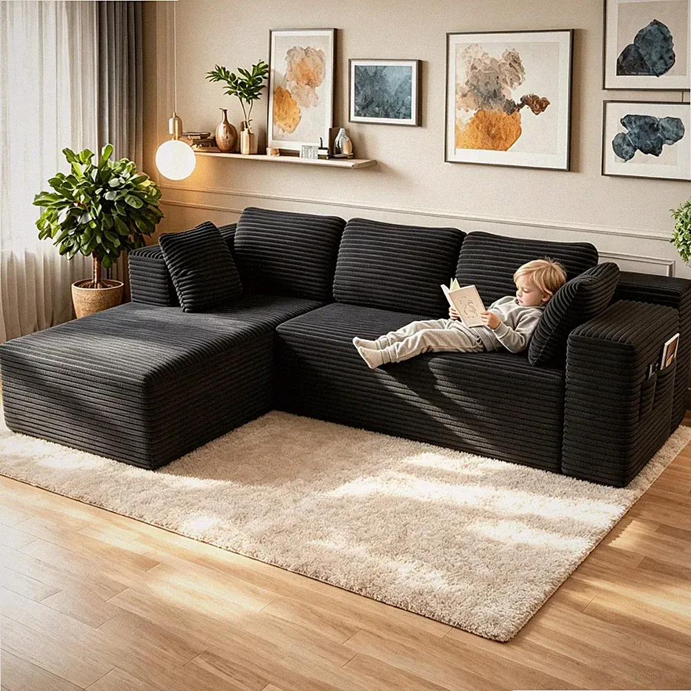 105" L-Shaped Sectional Sofa High-Resilience Foam & Premium Corduroy Fabric Blck