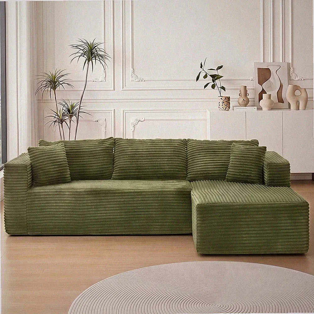 105" L-Shaped Sectional Sofa with Chaise, Green Corduroy, Pillow Back
