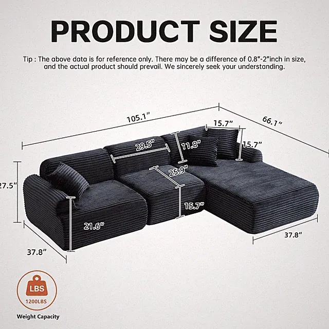 105'' Modern L-Shaped Modular Sofa with Washable Cover, 4 Seats, Black Corduroy