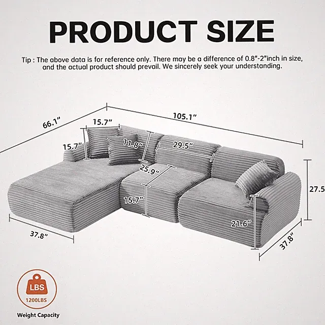 105'' Modern Modular L-Shaped Sofa with Washable Cover, 4-Seater, Antique Grey