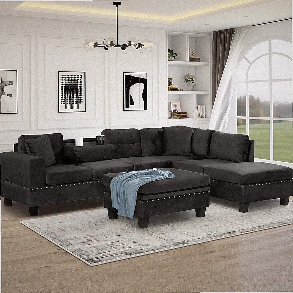 105" Modern Sectional Sofa with Storage Ottoman, L-Shape Couch with 2 Pillows an