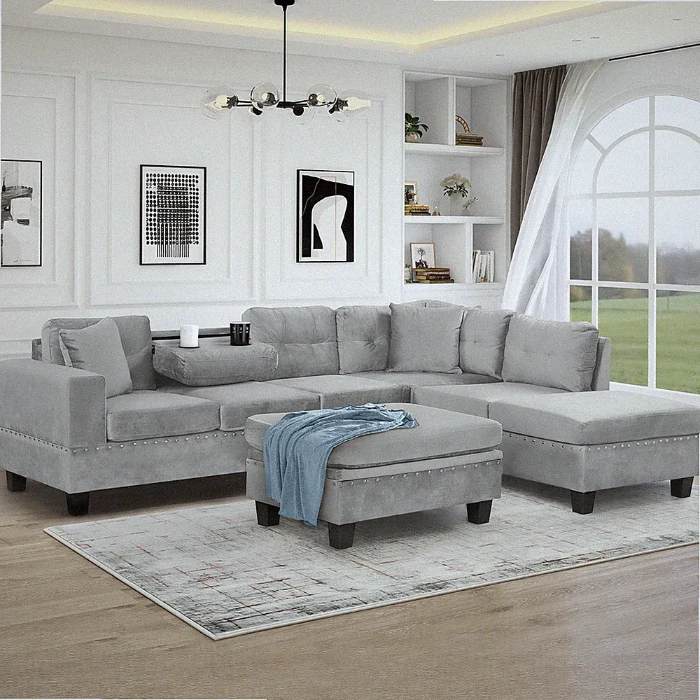 105" Modern Sectional Sofa with Storage Ottoman, L-Shape Couch with 2 Pillows