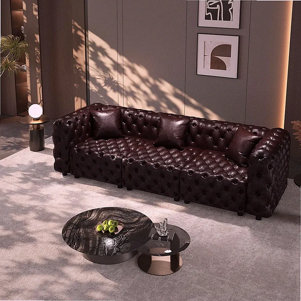 105" Modular Faux Leather Tufted Sectional 3-Seater Sofa with Pillows