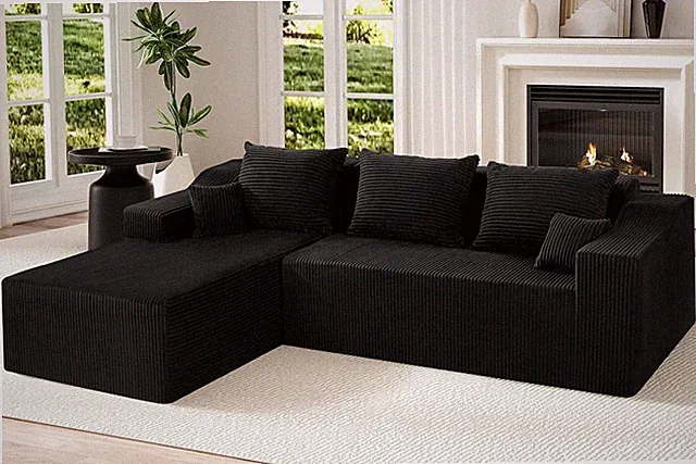 105" Modular L-Shaped Couch with Chaise, Comfy Corduroy Sofa in Black
