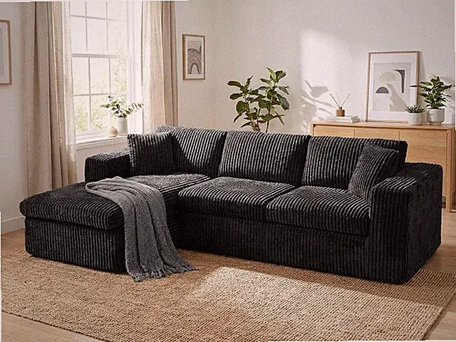 105" Modular L-Shaped Sofa with Chaise, Memory Foam, Black Corduroy