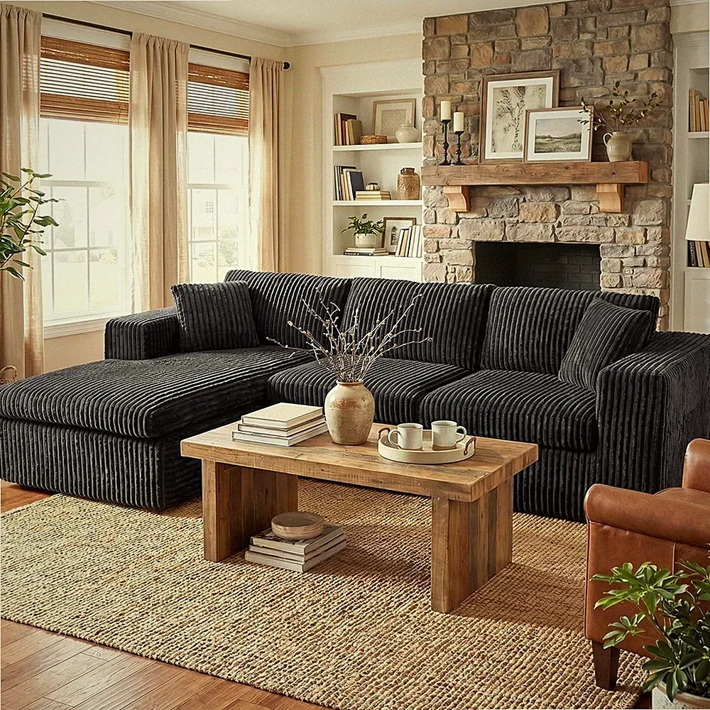 105" Modular L-Shaped Sofa with Oversized Chaise - No Assembly, Black Corduroy