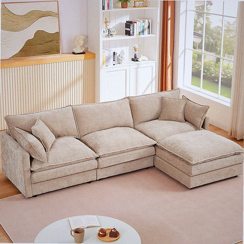 105" Modular Sectional Sofa Chenille Cloud Deep Seat L-Shaped Couch with Ottoman