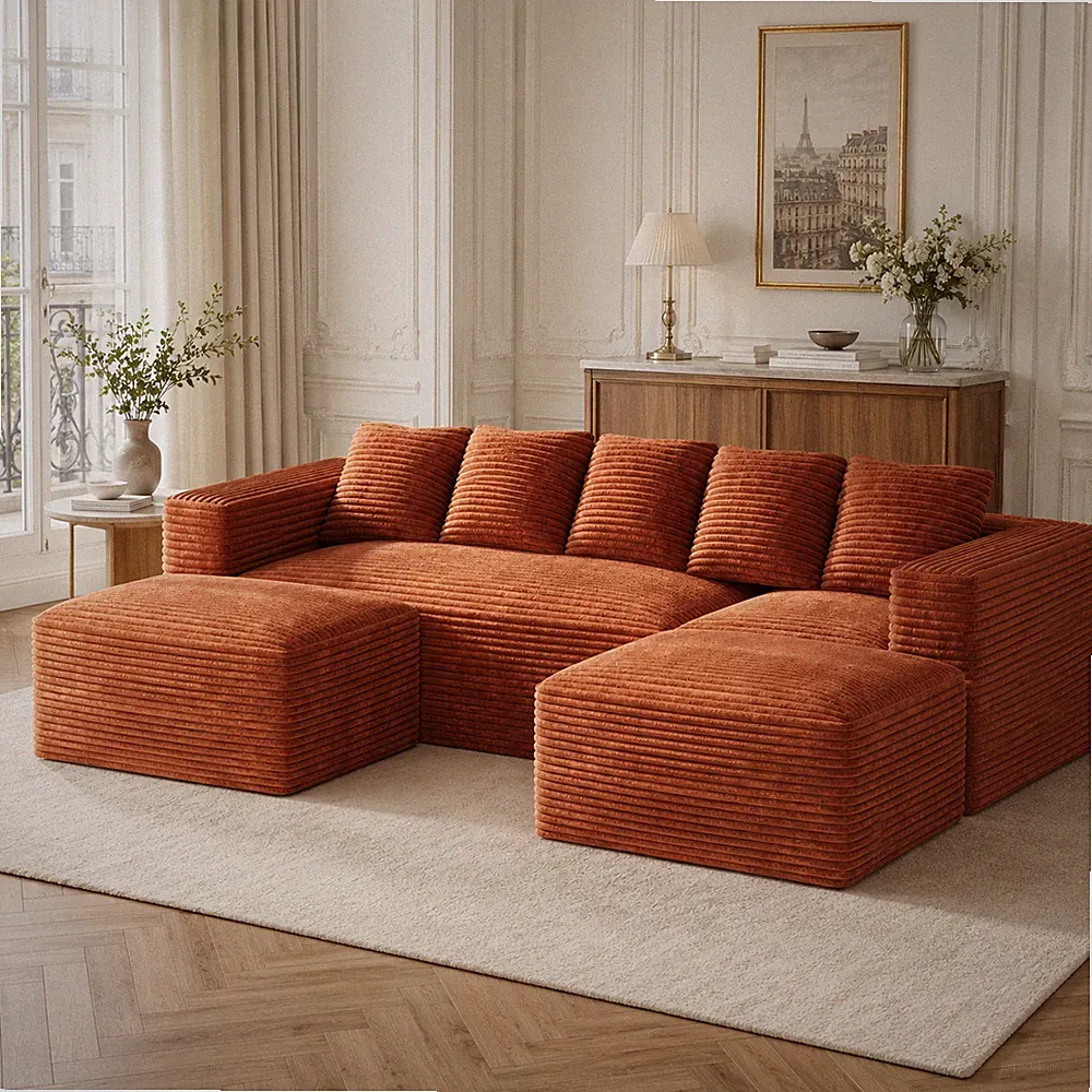 105in Modular Deep Seat U-Shaped Corduroy Sectional Sofa w/ Movable 2 Ottomans