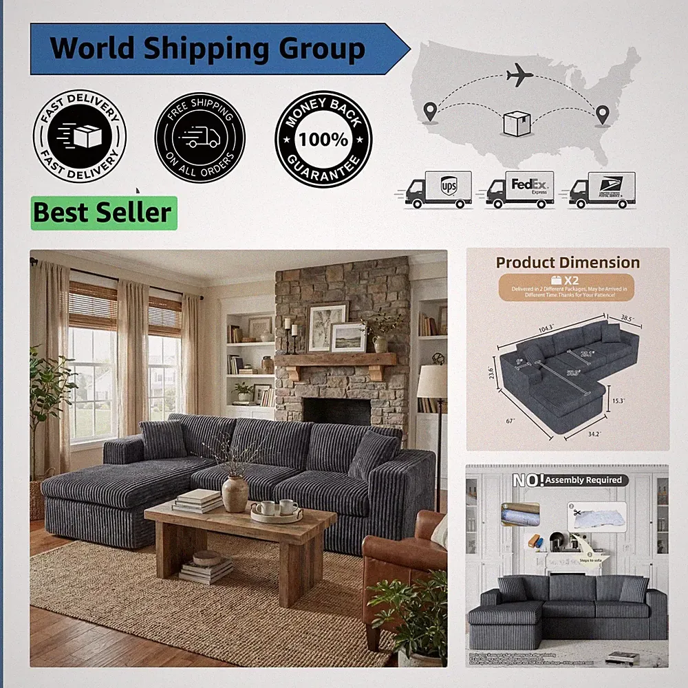 105” Plush Modular Sectional Couch - Cozy L-Shape Design, No Assembly Needed