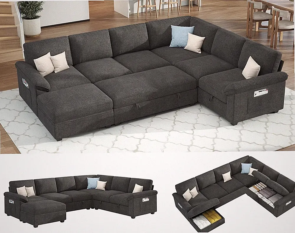 105" Sofa Bed, Sectional Sleeper Sofa with Pull Out Bed/Reclining Backrest, Slee