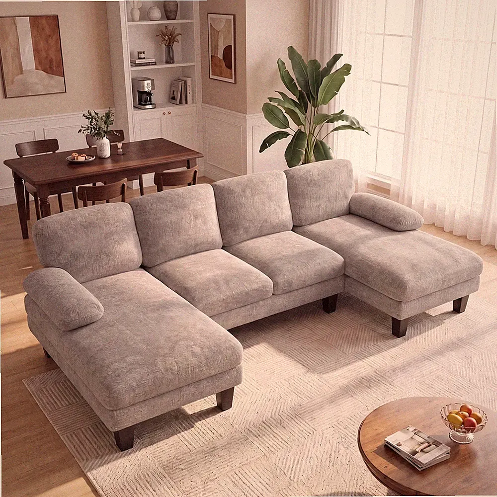 105" U-Shaped Sectional Sofa Couch Double Chaise Grey Chenille Fabric