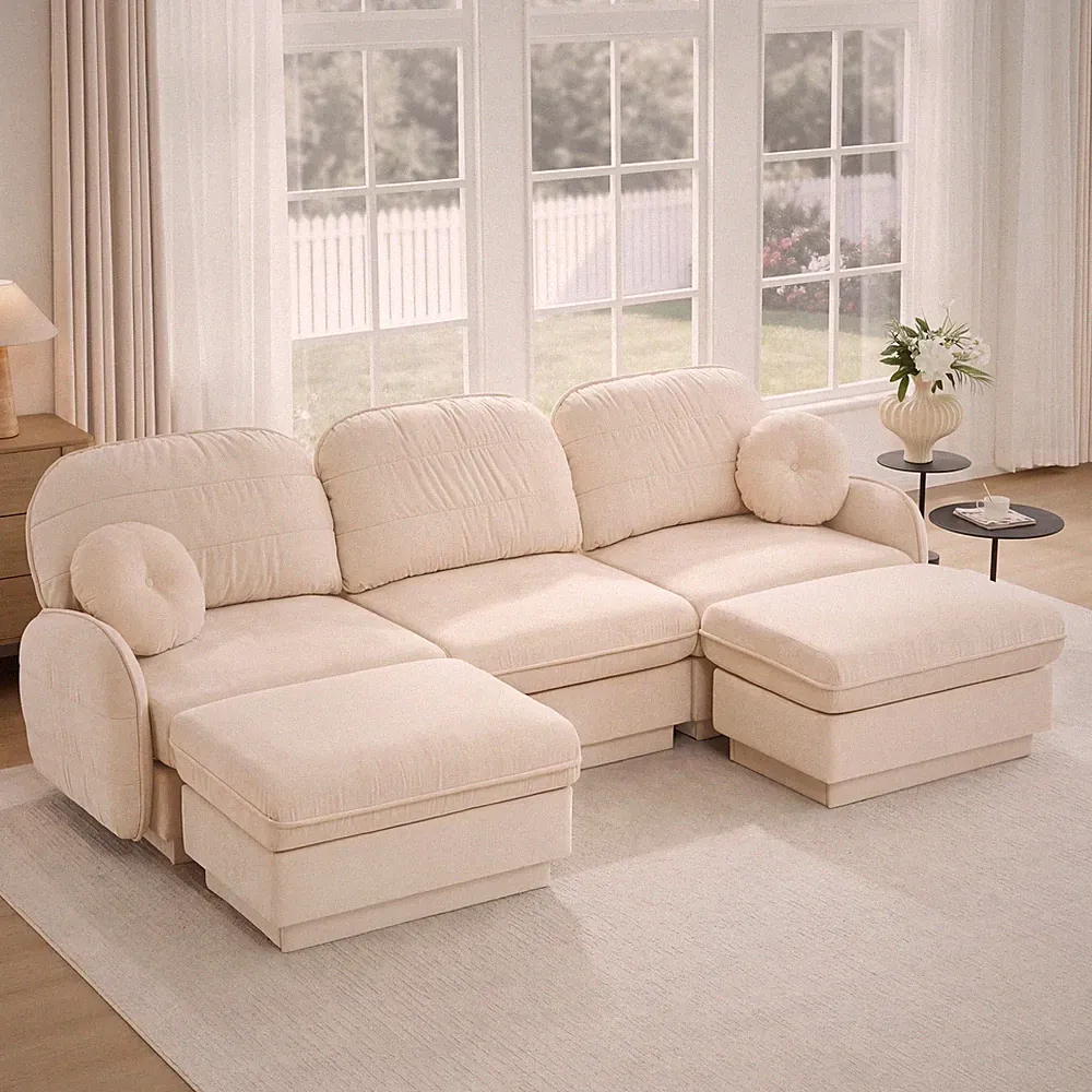 105" U-Shaped Sectional Sofa with Ottoman, Reversible L Shape, Cream Beige