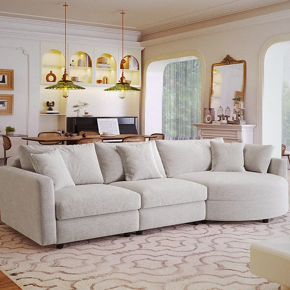 105" U_Style Chenille Sectional Sofa (Curved Chaise + 3 Throw Pillows, Living)