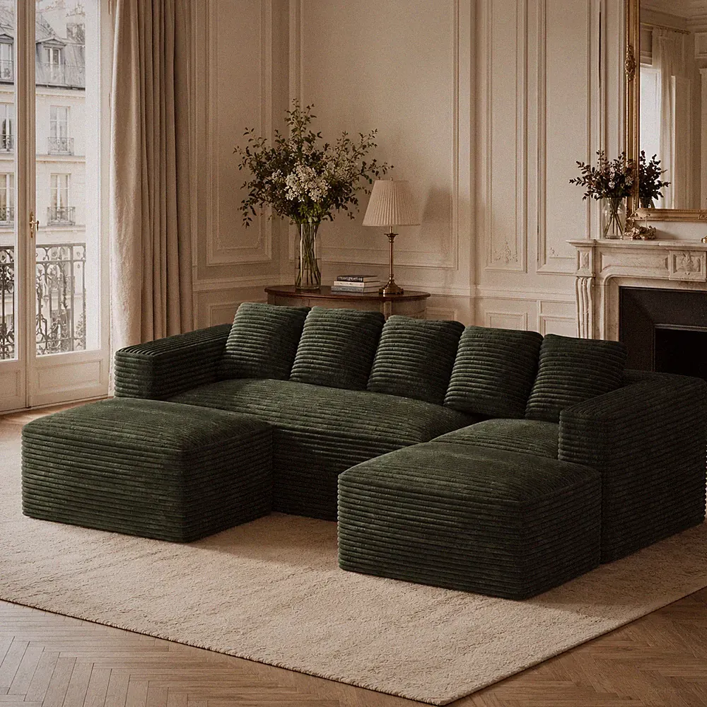 105in Modular Deep Seat U-Shaped Corduroy Sectional Sofa w/ Movable 2 Ottomans