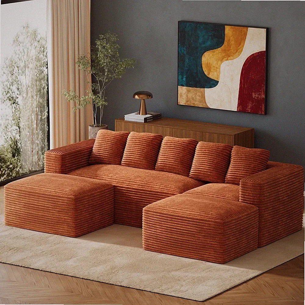 105in Modular Deep Seat U-Shaped Corduroy Sectional Sofa w/ Movable 2 Ottomans