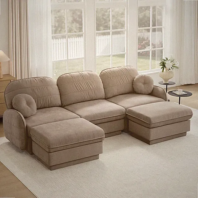 105in U-Shaped Chenille Sectional Sofa with Ottoman, Light Coffee, 3-Seater