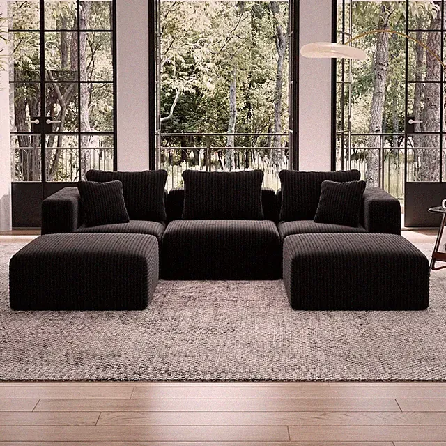 106.2” U-Shaped Modular Sofa with Ottomans, Zero Assembly, Black