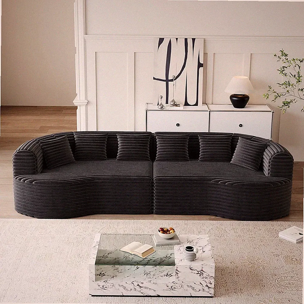 106.3" Curved Modular Sectional Sofa 4 Seater Corduroy w/ 6 Throw Pillows