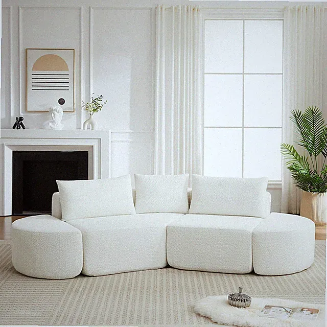 106.3-inch V-shaped modular sofa set in chenille fabric, featuring three throw