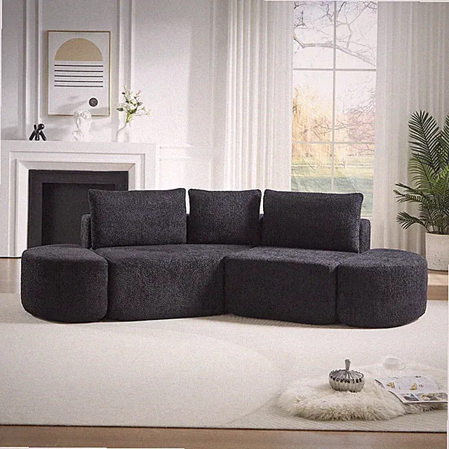 106.3-inch V-shaped modular sofa set in chenille fabric, featuring three throw p