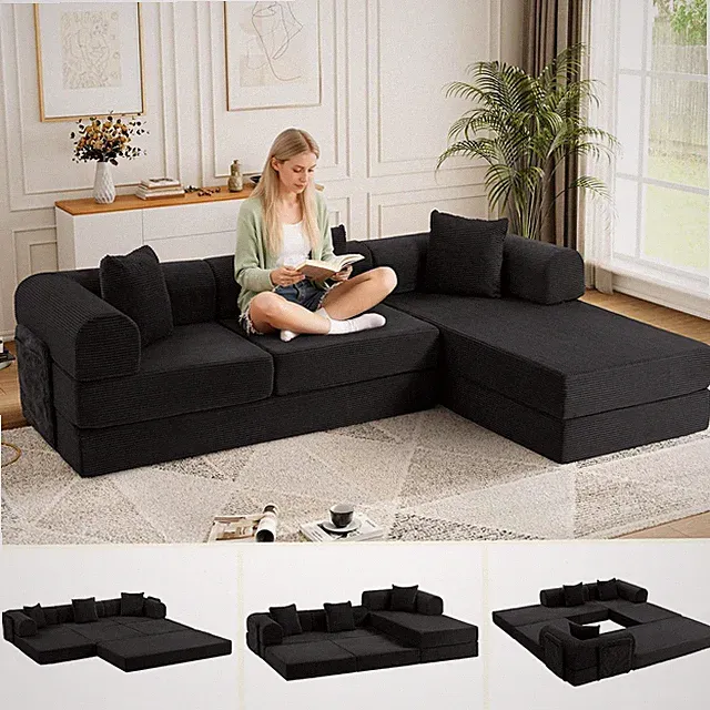106.3" Modular Sectional Sleeper Sofa with Metal Frame Support, Convertible 4-Se
