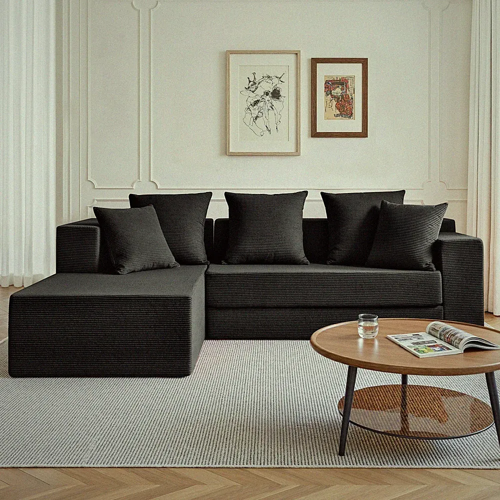 106.5" L-Shaped Sectional Sofa Bed, 4-in-1 Corduroy Floor Couch, Black