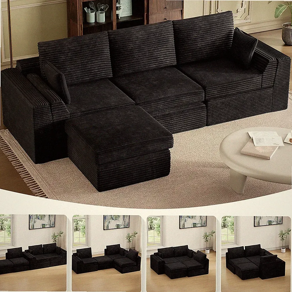 106.6" Modular L-Shape Sofa with Chaise - Comfy Black Corduroy Couch