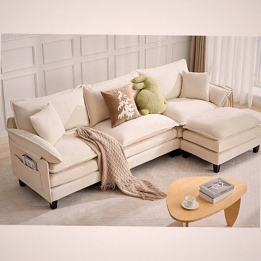 106" Cloud Couch with Ottoman L-Shaped Sectional Sofa Deep for Seat Beige