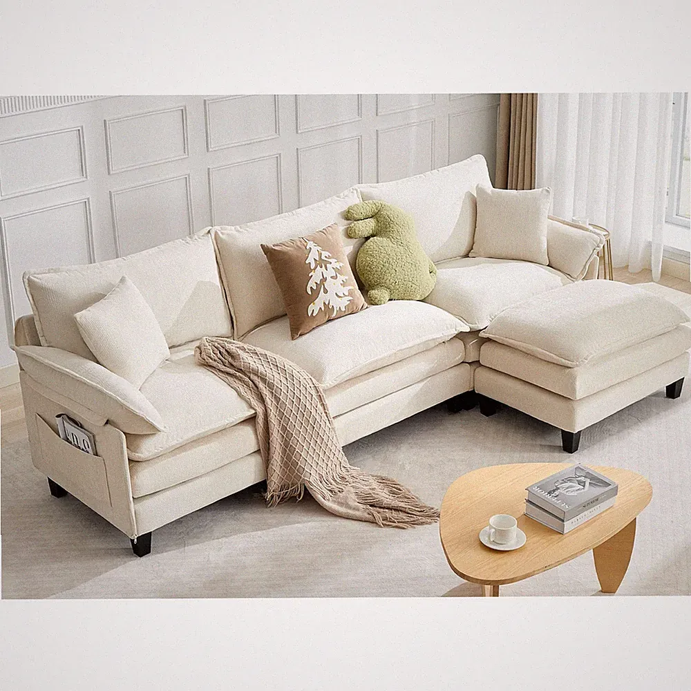 106" Cloud Couch with Ottoman L-Shaped Sectional Sofa Deep Seat Beige