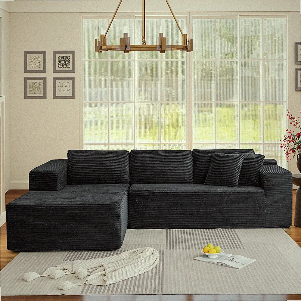 106" Cloud L-Shape Modular Sofa Chaise Deep Seat Plush Corduroy Black