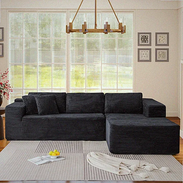 106 Cloud L-Shape Modular Sofa Deep Seat Plush Corduroy Black No Assembly