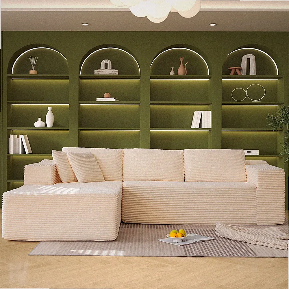 106" Cloud Sectional Couch Chaise L Shape Modular Boneless Sofa Beige Corduroy