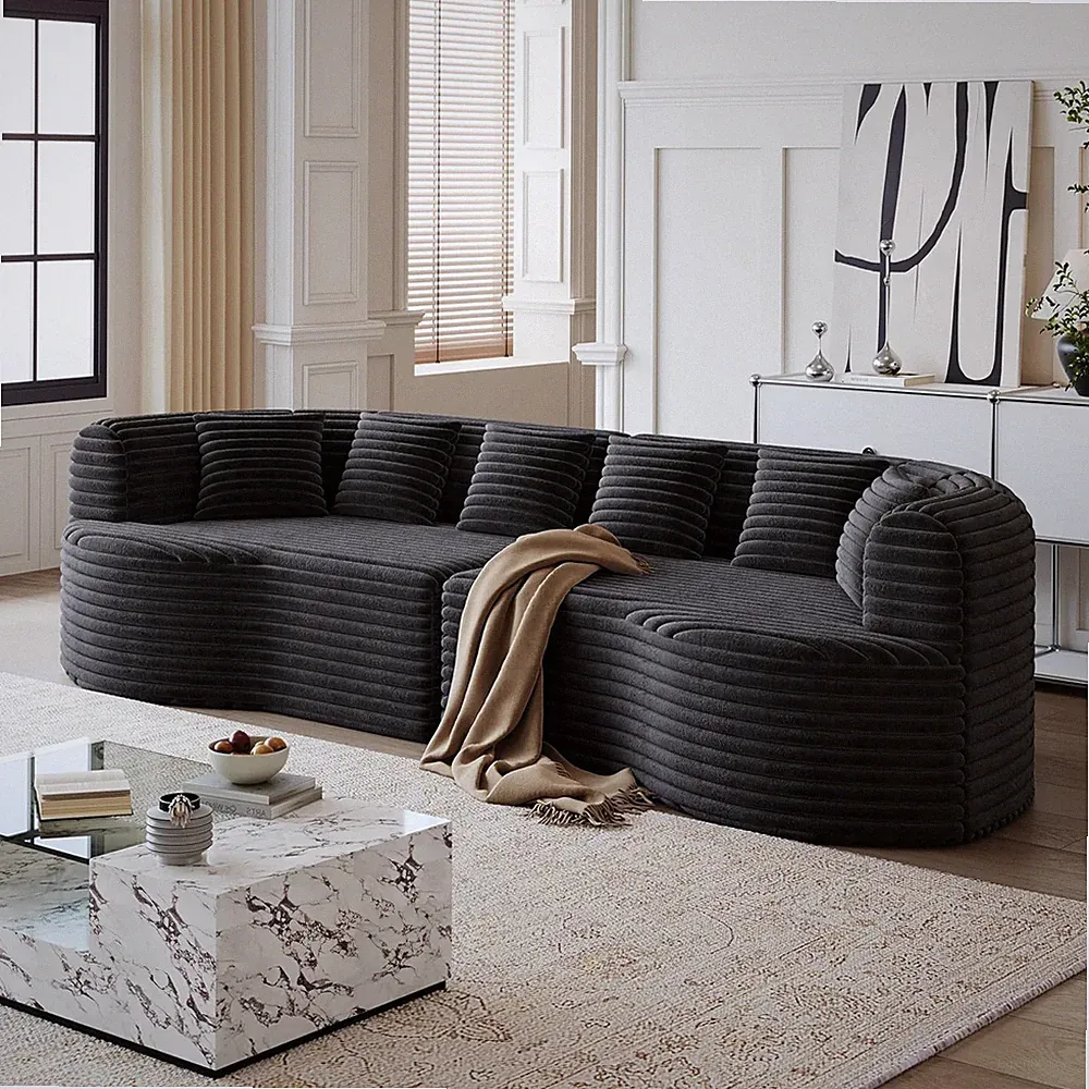 106" Curved Black Sectional Sofa with 6 Pillows, No Assembly Needed
