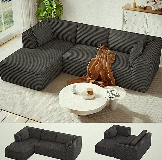 106" Grey Modular Sofa with Left Chaise - Comfy Corduroy Memory Foam