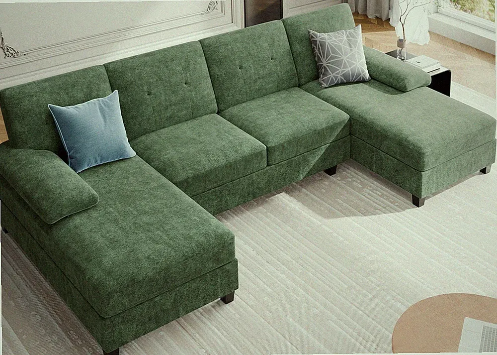 106 in U Shaped Sectional Sofa Double Chaise Fabric 4 for Seat Green