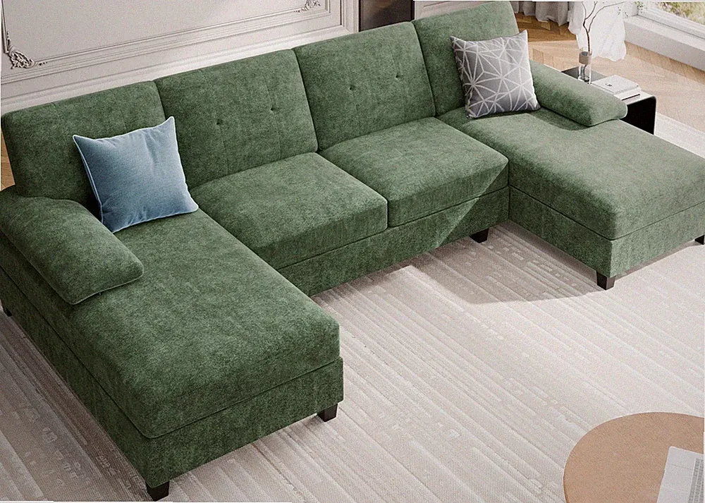 106 in U Shaped Sectional Sofa Double Chaise Fabric 4 Seat Green