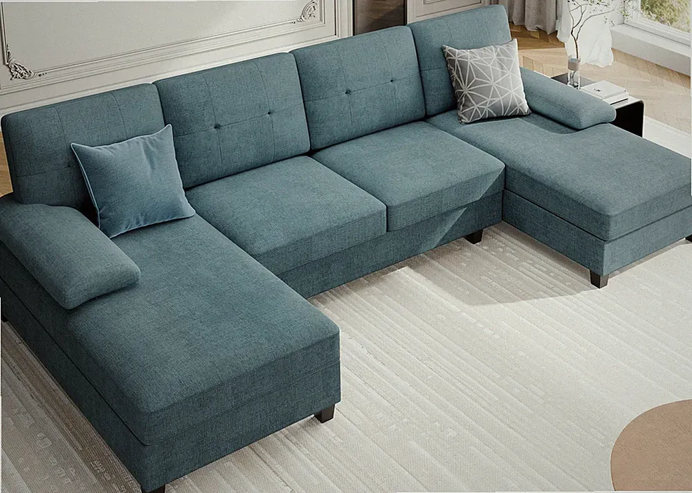 106 in U Shaped Sectional Sofa with Double Chaise 4 for Seat Blue