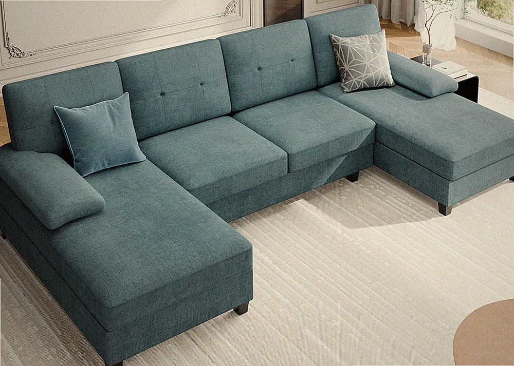 106 in U Shaped Sectional Sofa with Double Chaise 4 Seat Blue