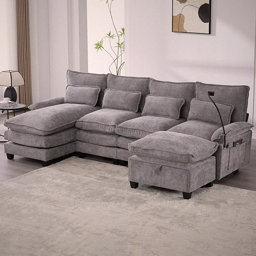 106 Inch Light Gray U-Shaped Chenille Sectional Sofa with Ottoman, USB Charging