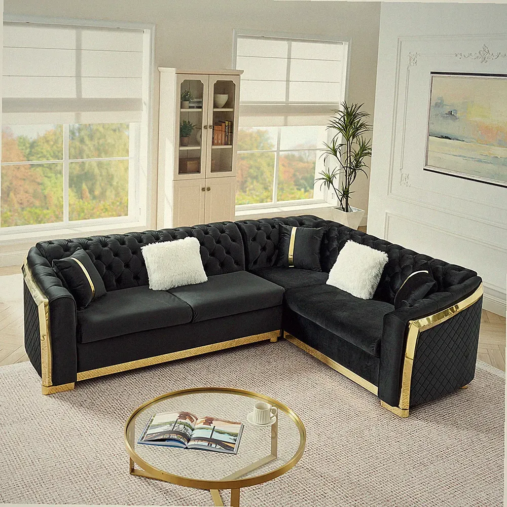 106 Inches L-Shaped Chesterfield Sectional Sofa Set with Gold Stainless Steel Ac