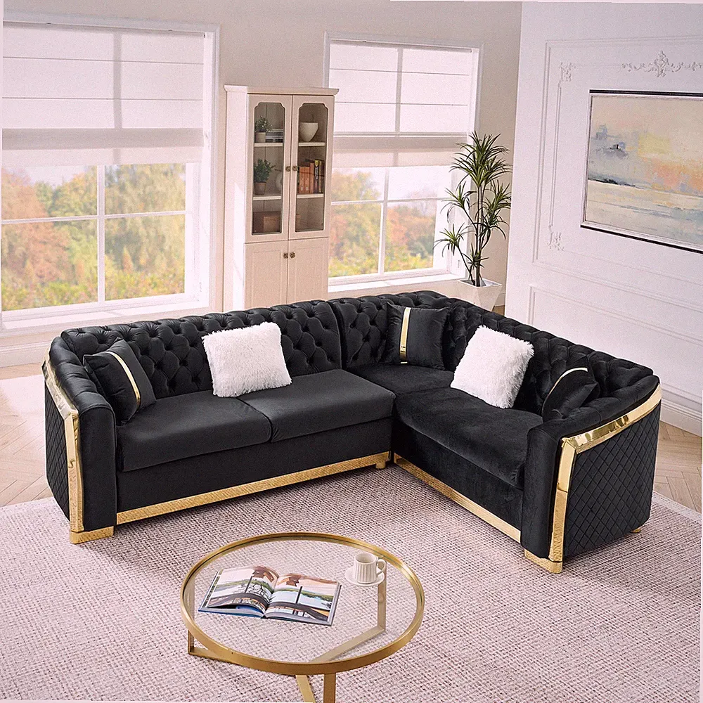 106 Inches L-Shaped Chesterfield Sectional Sofa Set with Gold Stainless Steel
