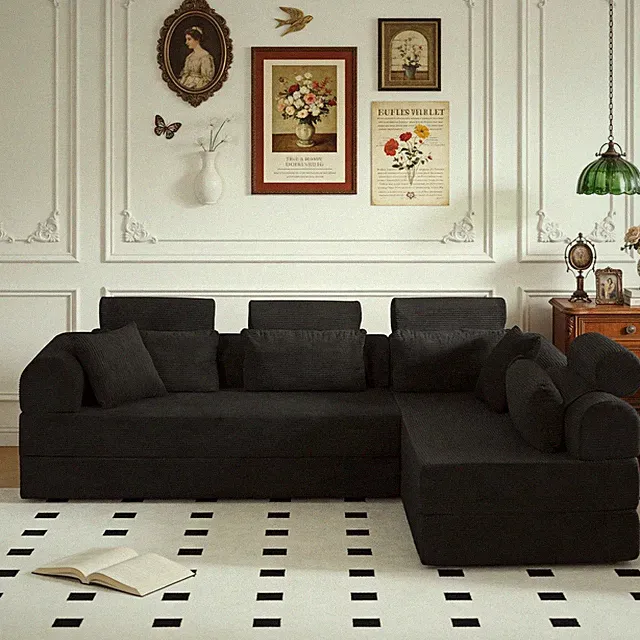 106" L-Shape Modular Corduroy Couch Compressed Unfold to Bed Black