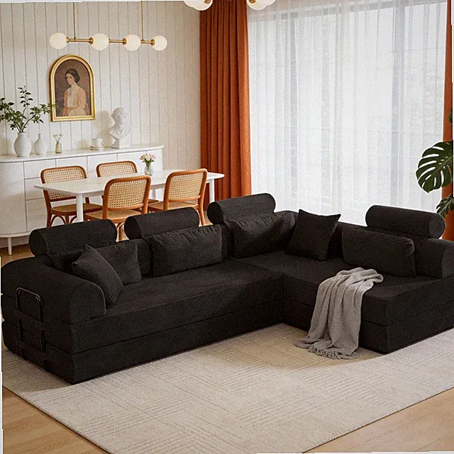 106" L-Shape Modular Corduroy Couch Compressed Unfold to Bed Black