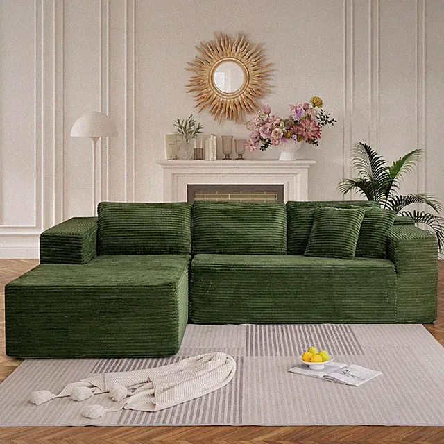 106" L-Shape Modular Sofa Chaise Lounge Green Plush Corduroy No Assembly