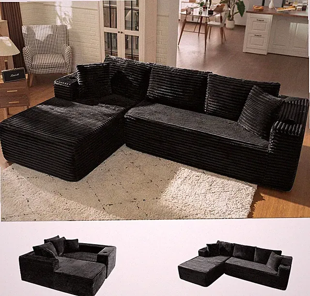 106" L Shaped Cloud Sectional Couch with Chaise, Corduroy Boneless Couch with Wi