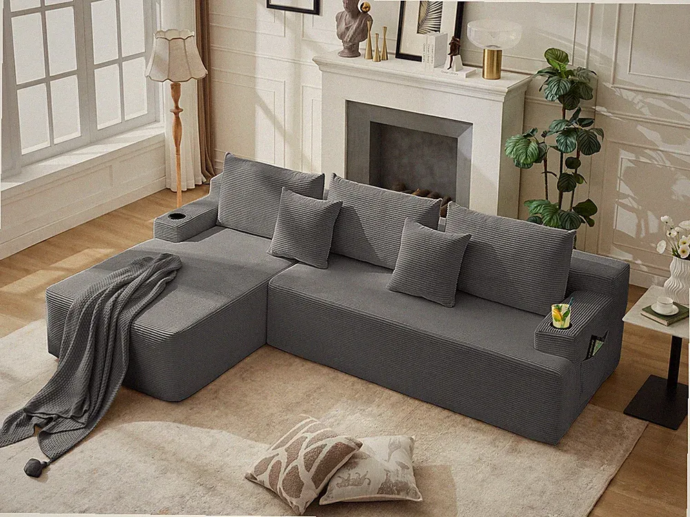 106" L-Shaped Couch w/ Left-Facing Chaise Upholstered Sofa for Living Room Grey